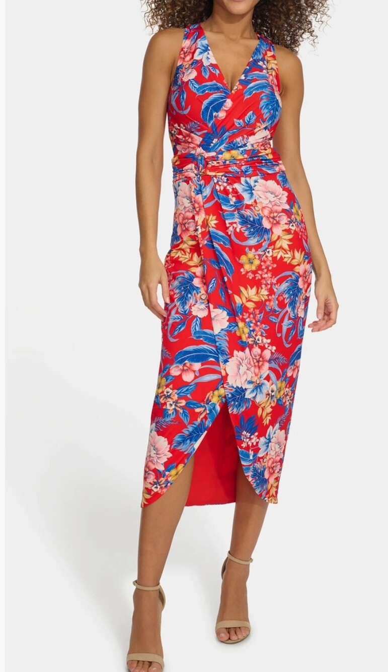 Siena Floral Midi Dress in Red & Blue Size 12 NWT